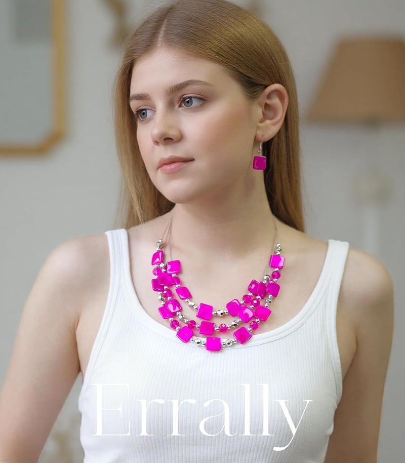 Errally Store Layered Beaded Statement Necklaces for Women Square Shell Bead Collar Necklace and Earring Set Birthday Gifts Boho Jewelry Sets for Women - Image 3